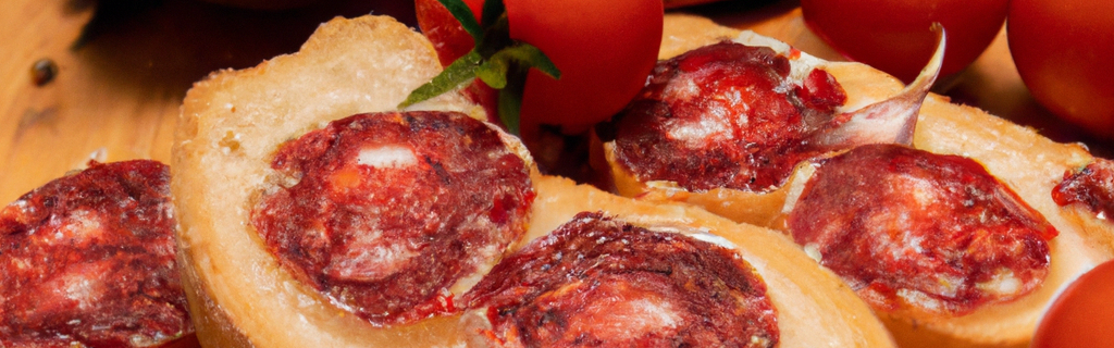 Rodajas de chorizo sobre tostadas, acompañadas de tomates cherry frescos.